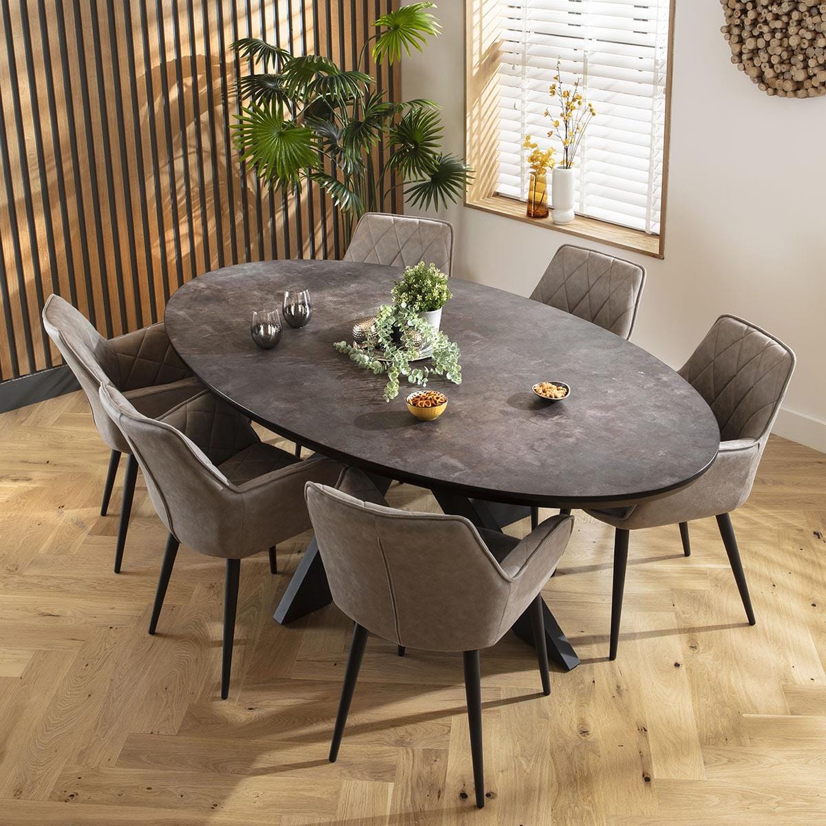 6 Seat Oval Modern Dining Table and Chairs Dining Set Light Grey Black ...