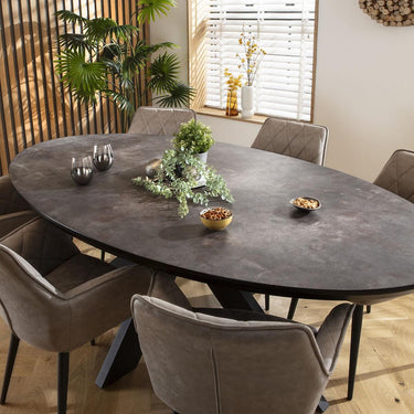 Quatropi 6 Seat Oval Modern Dining Table and Chairs Dining Set Light Grey Black