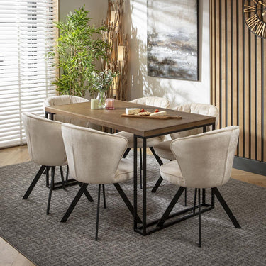 Quatropi 6 Seat Solid Wood Dining Set Herringbone Dining Table and Chairs Cream