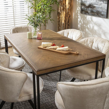 Quatropi 6 Seat Solid Wood Dining Set Herringbone Dining Table and Chairs Cream