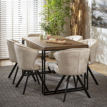 Quatropi 6 Seat Solid Wood Dining Set Herringbone Dining Table and Chairs Cream