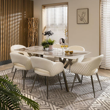 Quatropi 6 Seat White Ceramic Marble Dining Table And Chairs Set Leather 180cm