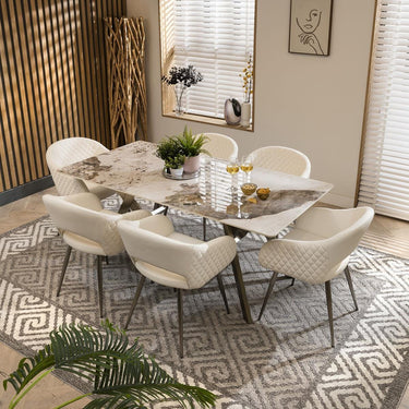 Quatropi 6 Seat White Ceramic Marble Dining Table And Chairs Set Leather 180cm