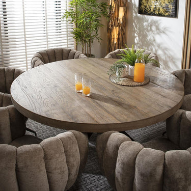 Quatropi 6 Seat Wooden Round Dining Set Reclaimed Oak Dining Table and Chairs Brown