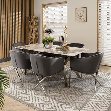 Quatropi 6 Seater Ceramic Marble Dining Table And Chairs Set Grey Velvet 180cm