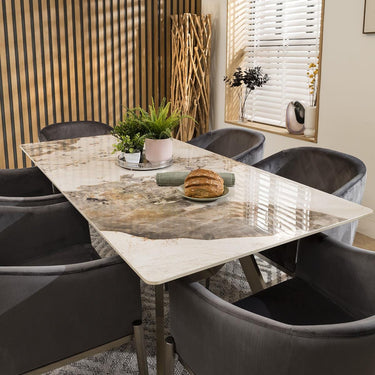 Quatropi 6 Seater Ceramic Marble Dining Table And Chairs Set Grey Velvet 180cm