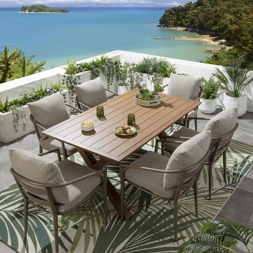 Mia 6 Seater Outdoor Garden Dining Set Cream & Oak Wood Effect Aluminium