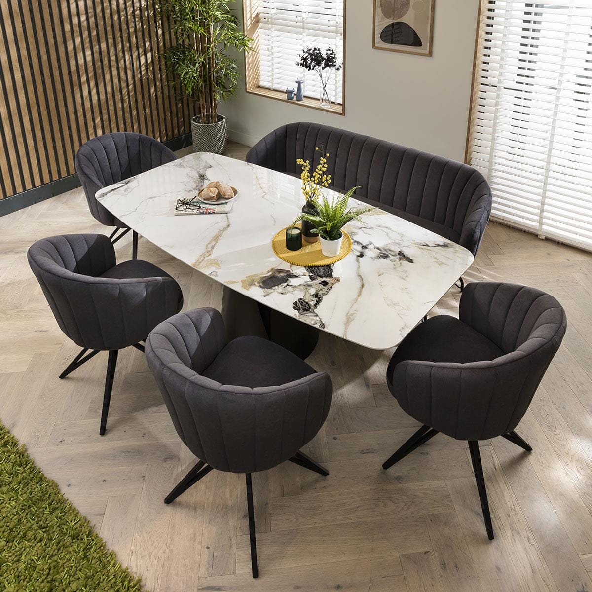 Quatropi 6 Seater Modern Bench Dining Set With Grey Chairs - Ceramic Marble Dining Table
