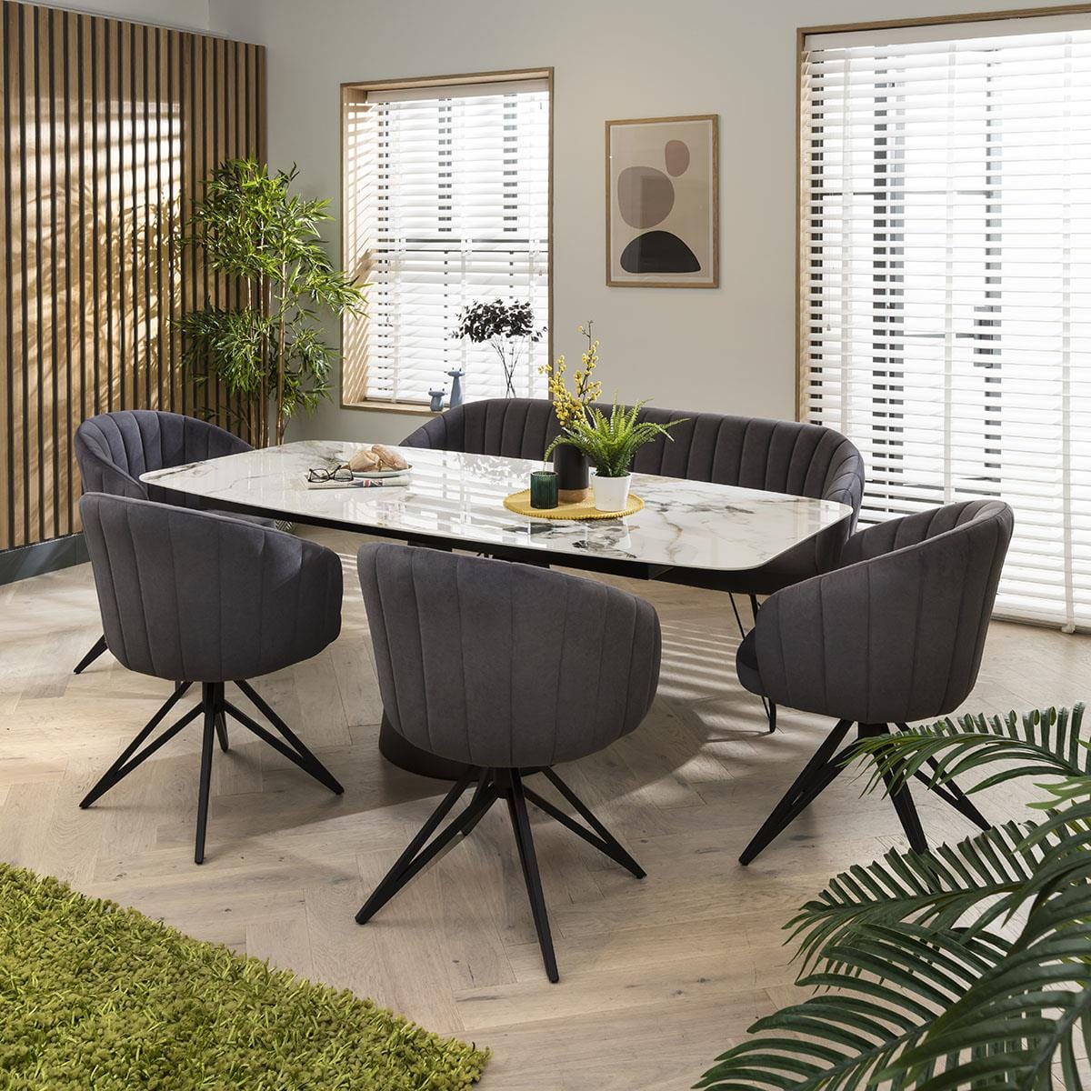 Quatropi 6 Seater Modern Bench Dining Set With Grey Chairs - Ceramic Marble Dining Table