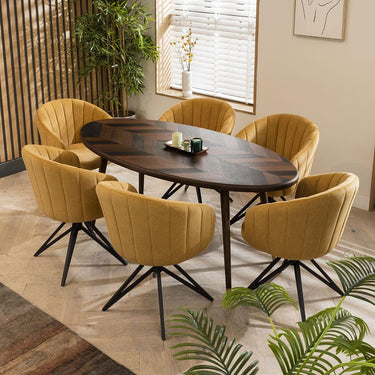 Quatropi 6 Seater Modern Oval Dining Set Retro Table Six Swivel Chairs Mustard