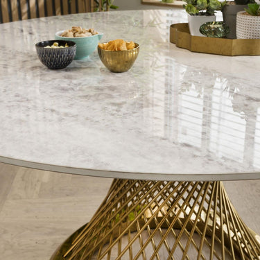 Quatropi 6 Seater Modern Round Premium White Ceramic Gold Pedestal Dining Set 135cm