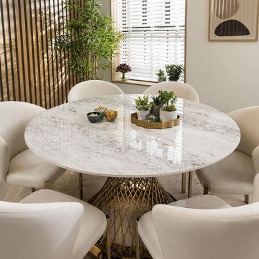 Quatropi 6 Seater Modern Round Premium White Ceramic Gold Pedestal Dining Set 135cm
