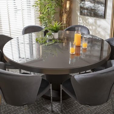 Quatropi 6 Seater Round Dining Set Gloss Glass Dining Table and Chairs Grey Velvet
