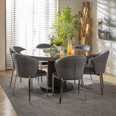 Quatropi 6 Seater Round Dining Set Gloss Glass Dining Table and Chairs Grey Velvet