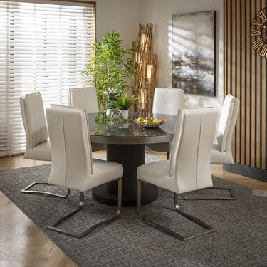 Quatropi 6 Seater Round Dining Set Gloss Glass Dining Table and Chairs White Grey