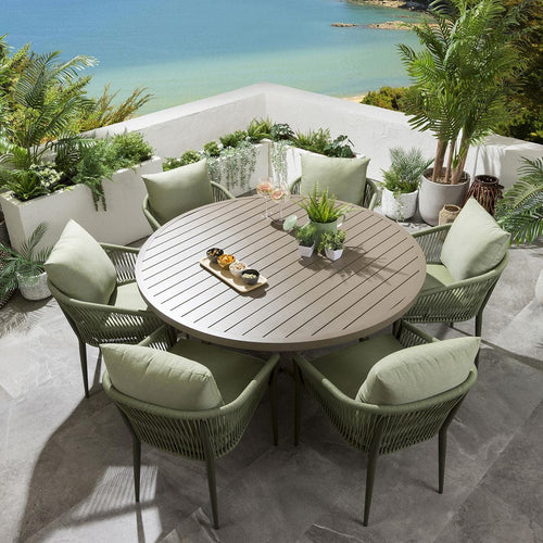 Cole 6 Seater Outdoor Garden Round Dining Set Green & Beige Aluminium