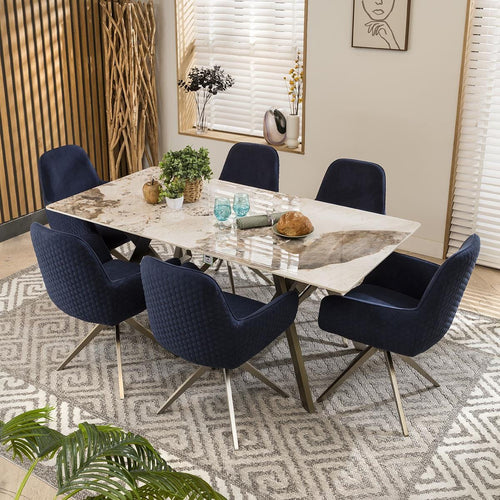 Emma 6 Seater White Ceramic Marble Dining Set Navy Swivel SECONDS