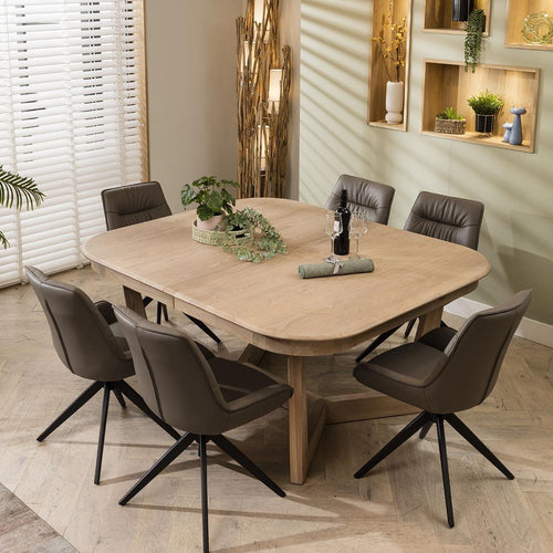 Nora 6 Seater Natural Solid Wooden Extending Dining Set Grey Return Swivel Chairs
