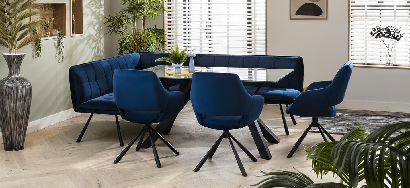 Quatropi 7 Seater Dining Table With Blue Velvet Corner Bench And Chairs Grey Glass (R)