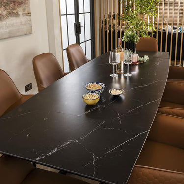 Quatropi 8 Chair Modern Dining Set Extending Ceramic Marble Black Tan Leather