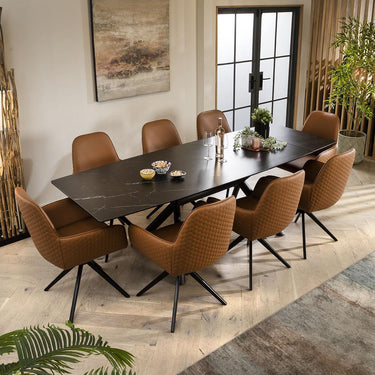 Quatropi 8 Chair Modern Dining Set Extending Ceramic Marble Black Tan Leather