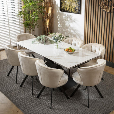 Quatropi 8 Seat Extendable Dining Set Ceramic Dining Table and Chairs Cream White