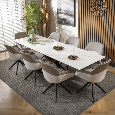 Quatropi 8 Seat Extendable Dining Set Ceramic Dining Table and Chairs White Gold