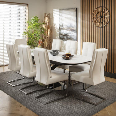 Quatropi 8 Seat Extendable Dining Set Ceramic Dining Table and Chairs White Leather
