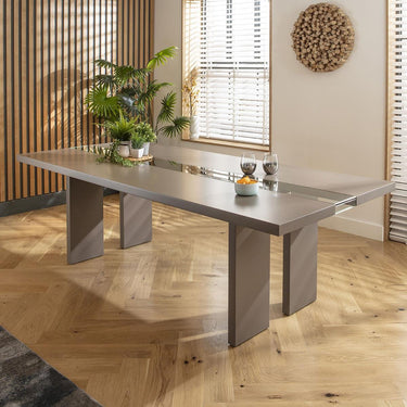 Quatropi 8 Seat Modern Glass River Dining Table and Chair Set Light Grey Taupe