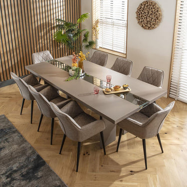 Quatropi 8 Seat Modern Glass River Dining Table and Chair Set Light Grey Taupe