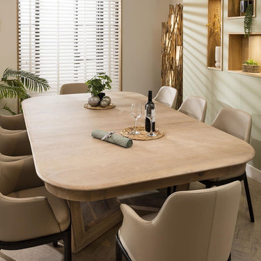 Quatropi 8 Seat Natural Wooden Extendable Dining Table And Chairs Beige Leather
