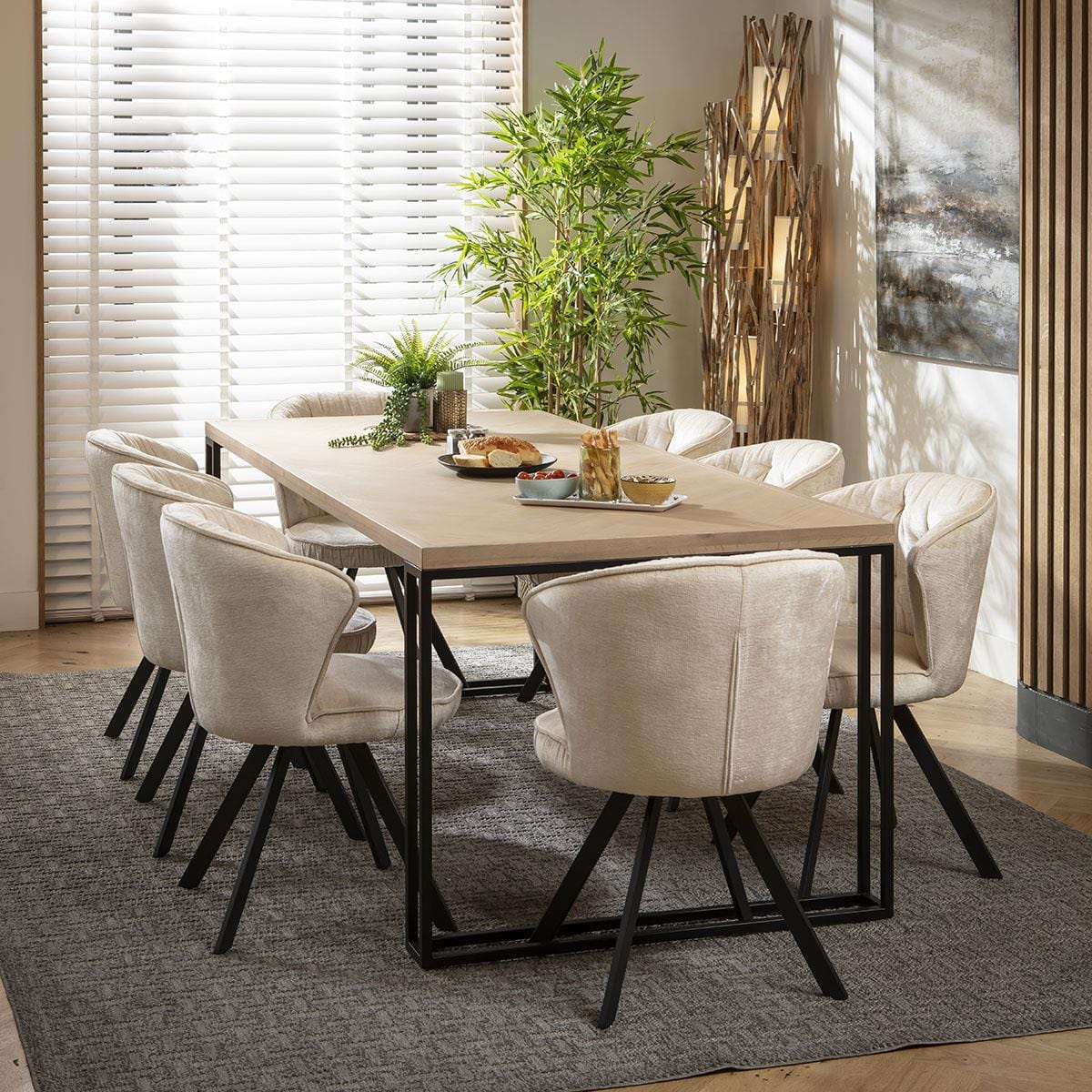 8 Seat Solid Wood Dining Set Herringbone Dining Table and Chairs Cream ...