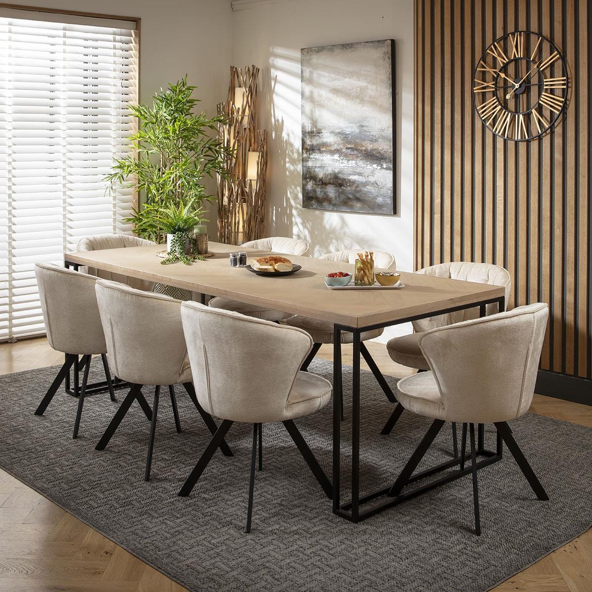 8 Seat Solid Wood Dining Set Herringbone Dining Table and Chairs Cream ...