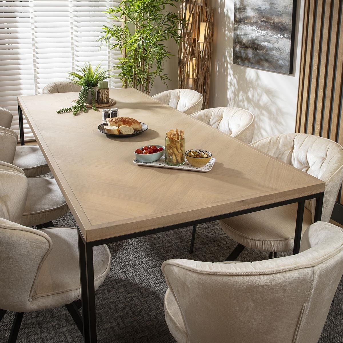 8 Seat Solid Wood Dining Set Herringbone Dining Table and Chairs Cream ...