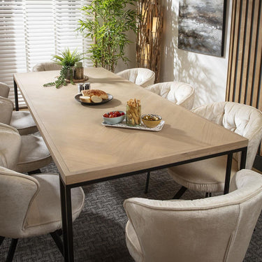 Quatropi 8 Seat Solid Wood Dining Set Herringbone Dining Table and Chairs Cream