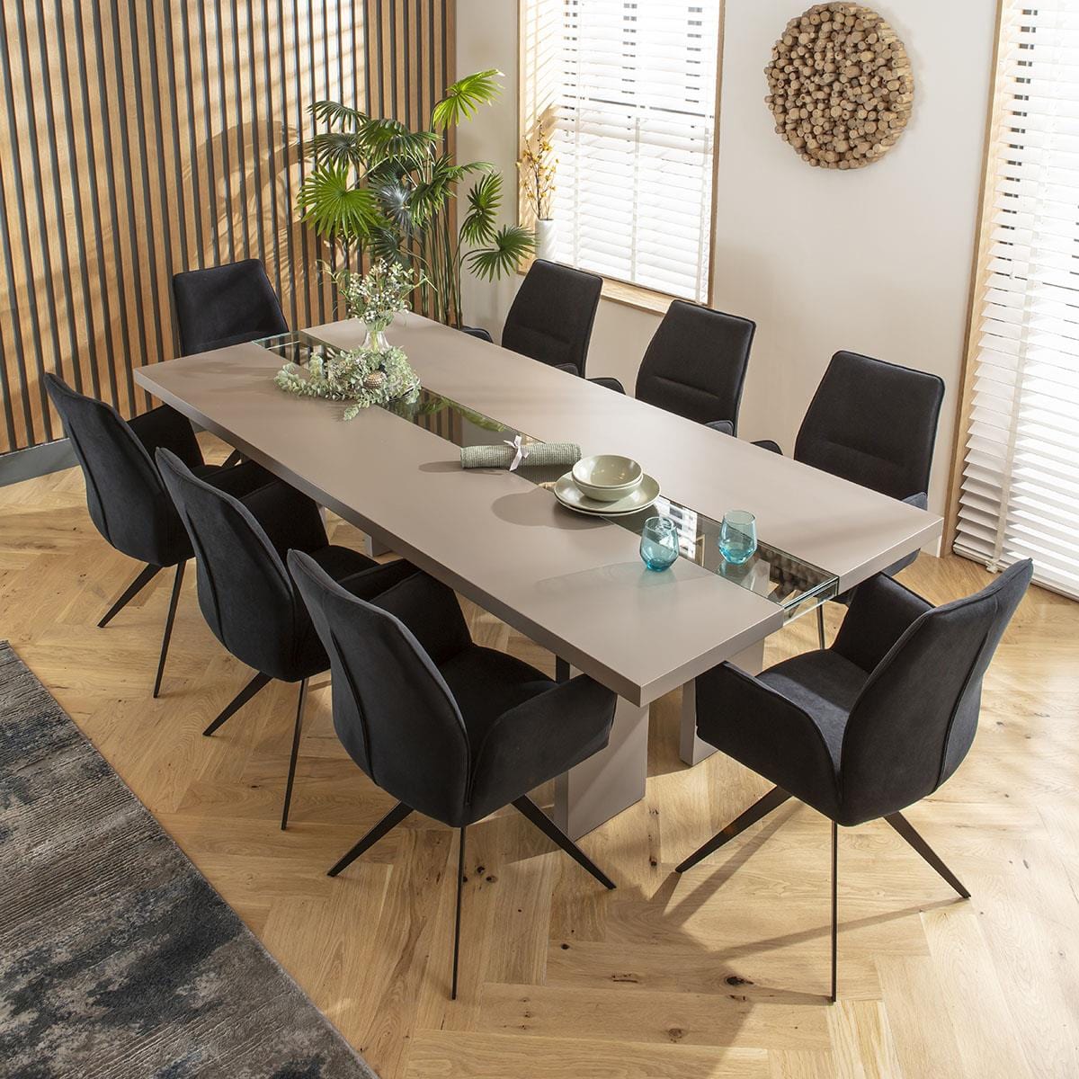 8 Seater Modern Dining Table and Chairs Set Black Taupe Glass River ...