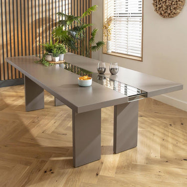 Quatropi 8 Seater Modern Glass River Dining Table and Chair Set Mink Beige