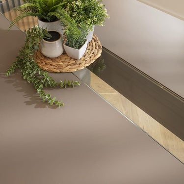 Quatropi 8 Seater Modern Glass River Dining Table and Chair Set Mink Beige