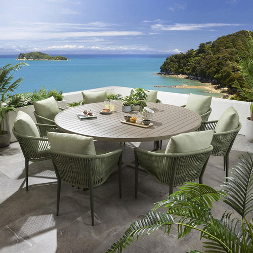 Cole 8 Seater Outdoor Garden Round Dining Set Green & Beige Aluminium