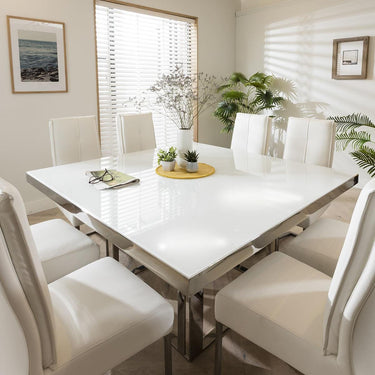 Quatropi 8 Seater Square Table & Leather Chairs Dining Set Grey White