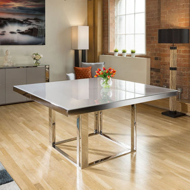 Quatropi 8 Seater Square Table & Leather Chairs Dining Set White