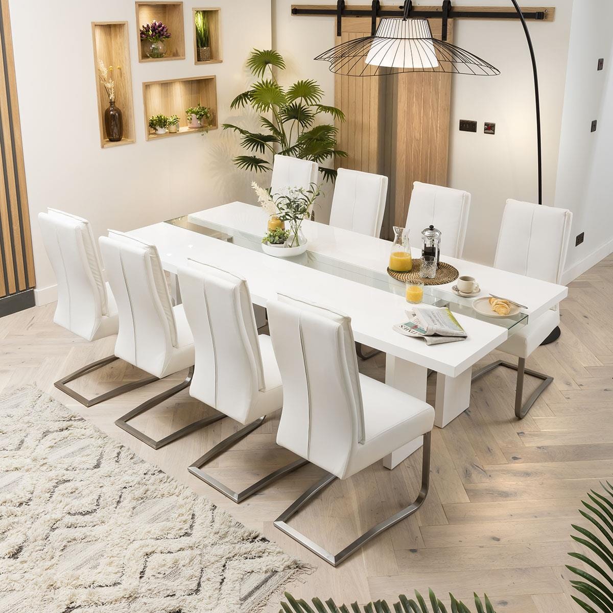Quatropi 8 Seater Table & Leather Chairs Dining Set White