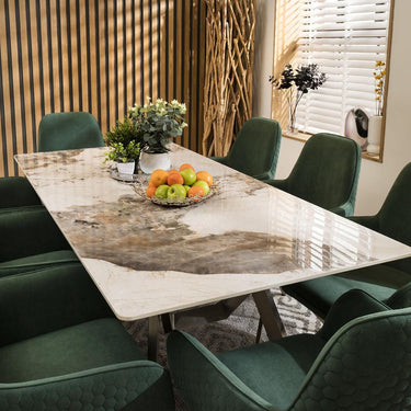Quatropi 8 Seater White Ceramic Dining Table And Chairs Set Green Velvet 180cm