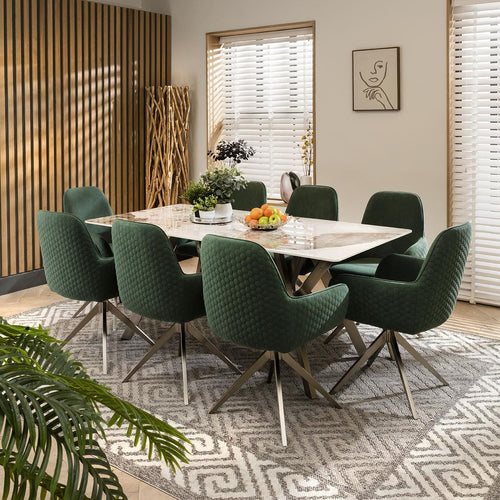 Emma 8 Seater White Ceramic Marble Dining Set Green Swivel SECONDS