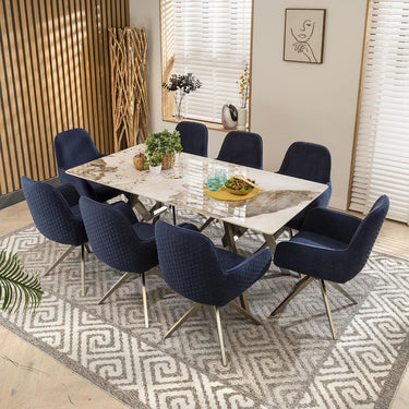Quatropi 8 Seater White Ceramic Dining Table And Chairs Set Navy Velvet 180cm
