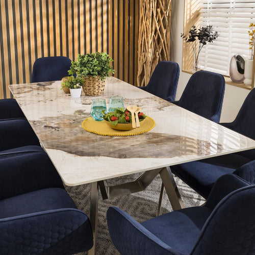 Emma 8 Seater White Ceramic Marble Dining Set Navy Swivel SECONDS