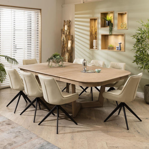 Nora 8 Seater Natural Solid Wooden Extending Dining Set Cream Return Swivel Chairs