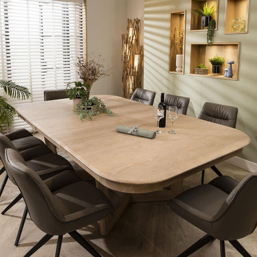Quatropi 8 Seater Wooden Extending Dining Table Natural Grey Leather Chairs Set