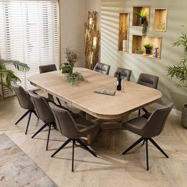 Quatropi 8 Seater Wooden Extending Dining Table Natural Grey Leather Chairs Set