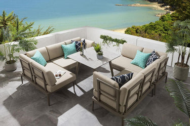 Quatropi Aluminium Garden Dining Set 8-Seat Metal Outdoor Bench & Table Ceramic Beige L2